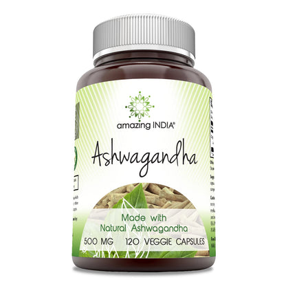 Amazing India Ashwagandha Supplement | 500 Mg Per Serving | 120 Veggie Capsules | Non-GMO | Gluten Free | Made in USA | Ideal for Vegetarians