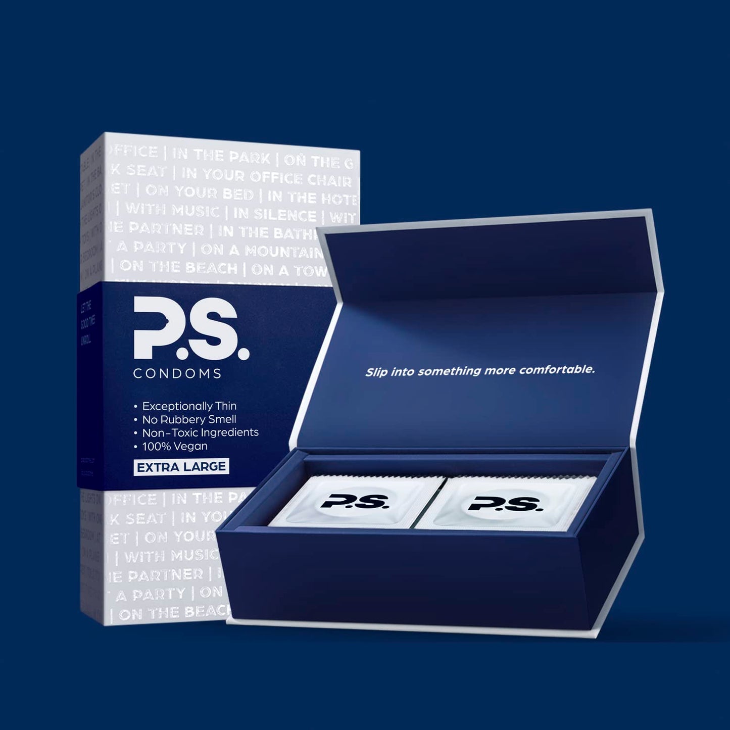PS Condoms Exceptionally Thin Latex Condoms, Clean & Odorless, 12 Pack | Individually tested, 0.045 mm natural rubber, 40% thinner, lubricated, vegan, and free of PFAS, gluten, glycerin and parabens