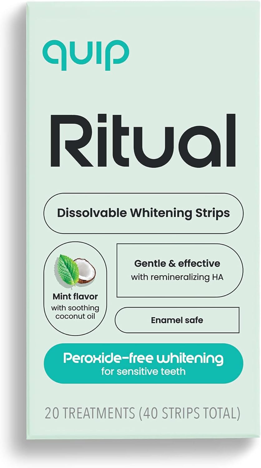 quip Dissolvable Teeth Whitening Strips, 8% Hydrogen Peroxide and Peroxide-Free Product Bundle for Sensitive Teeth - Gentle 15-Minute Whitening, Mint Flavor with Cocnut Oil - 80 Strips Total