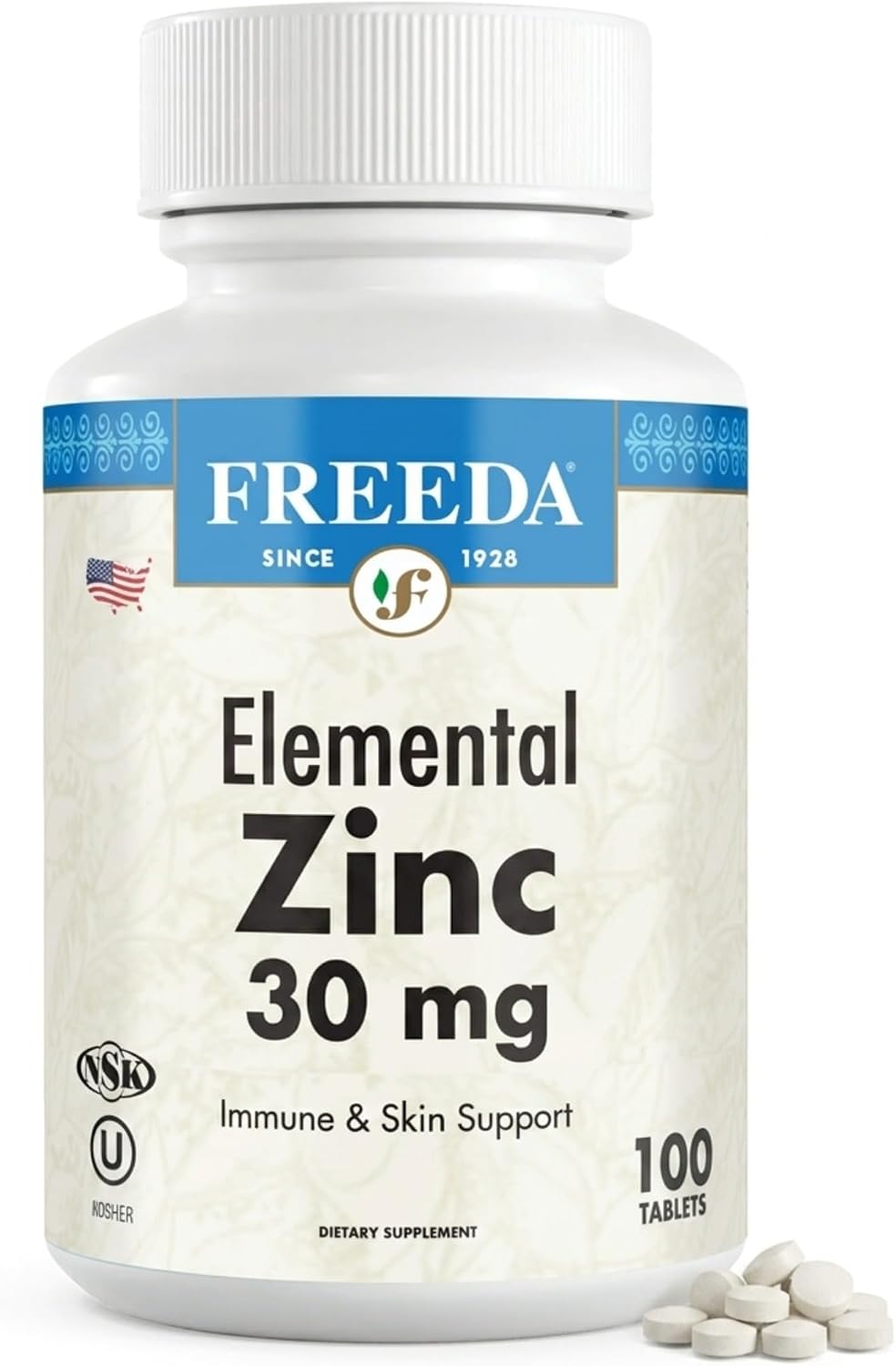 FREEDA Elemental Zinc 30mg – Vegan Immune, Skin & Eye Support – 100 Tabs | Tiny Easy-to-Swallow Tablets Made with Zinc Gluconate – Gluten-Free, Kosher, and Made in USA GMP-Compliant Facilities