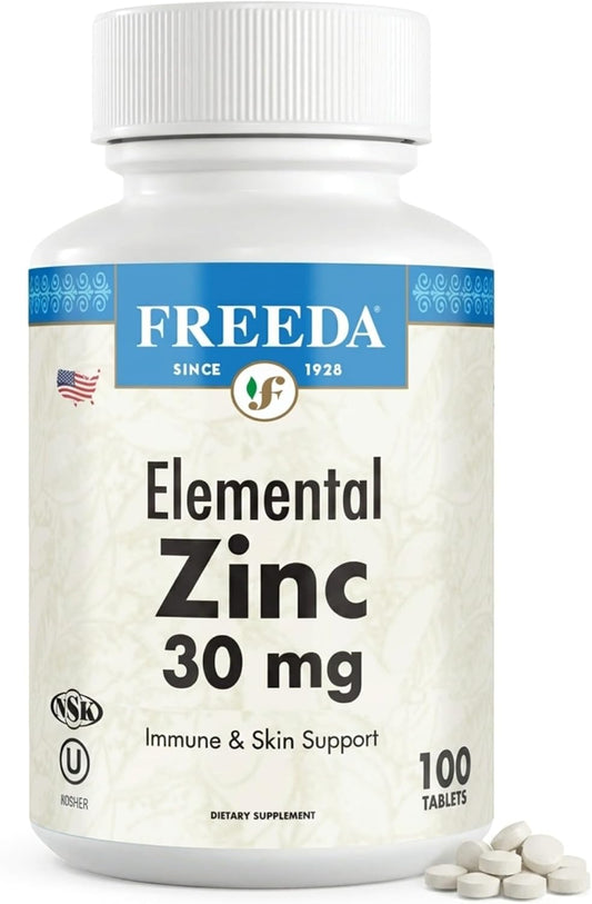 FREEDA Elemental Zinc 30mg – Vegan Immune, Skin & Eye Support – 100 Tabs | Tiny Easy-to-Swallow Tablets Made with Zinc Gluconate – Gluten-Free, Kosher, and Made in USA GMP-Compliant Facilities