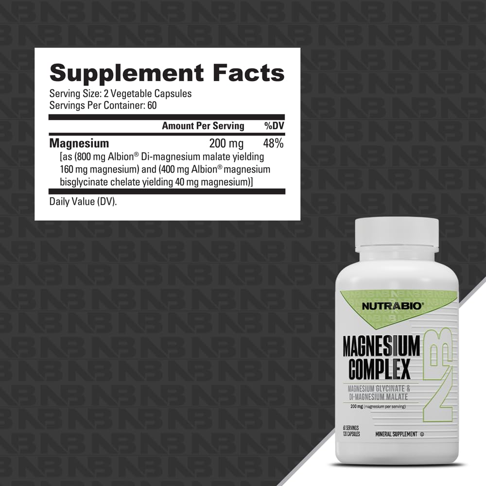 NutraBio Magnesium Complex Supplement, Magnesium Glycinate for Sleep, Biglycinate, D-Magnesium Malate, Muscle & Nerve Support, for Men and Women, 120 Vegetable Capsules