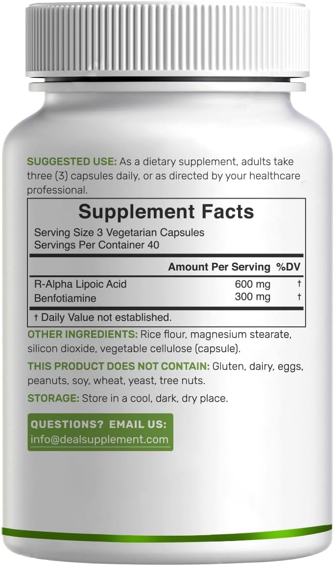 DEAL SUPPLEMENT R Alpha Lipoic Acid 600mg with Benfotiamine 300mg Per Serving, 120 Veggie Capsules – 200mg R-ALA Per Capsule – Antioxidant Supplement for Energy & Nervous System Support