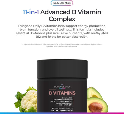 Livingood Daily Vitamin B Complex Capsules for Men and Women, Methylated B12 & Folate, 11 Active Forms Including B1 B2 B3 B5 B6 & Biotin, Gluten Free, Vegan B Vitamins for Hair Skin Nails, 30 Capsules