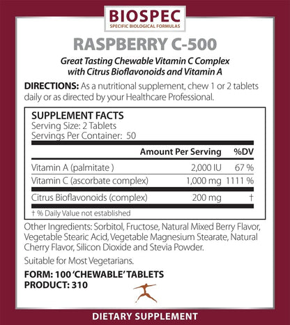 BIOSPEC NUTRITIONALS Raspberry C-500 – Chewable Immune and Antioxidant Support - Vitamin C, Vitamin A, and Citrus Bioflavonoids