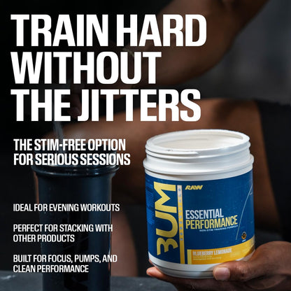 RAW Essential Performance Non-Stim Pre-Workout Powder - Preworkout for Endurance Strength & Focus Without Caffeine or Stimulants - Creatine Monohydrate, L-Citrulline & Beta Alanine - Blue Rathberry