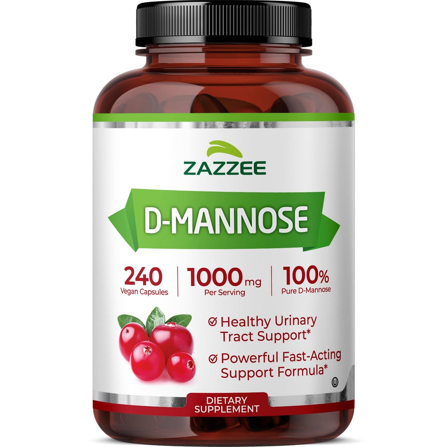 Zazzee D-Mannose, 1000 mg per Serving, 180 Vegan Capsules, 3 Month Supply, Potent & Fast-Acting, Certified Kosher, 100% Pure, All-Natural Urinary Tract Health Support, 100% Vegetarian, Non-GMO