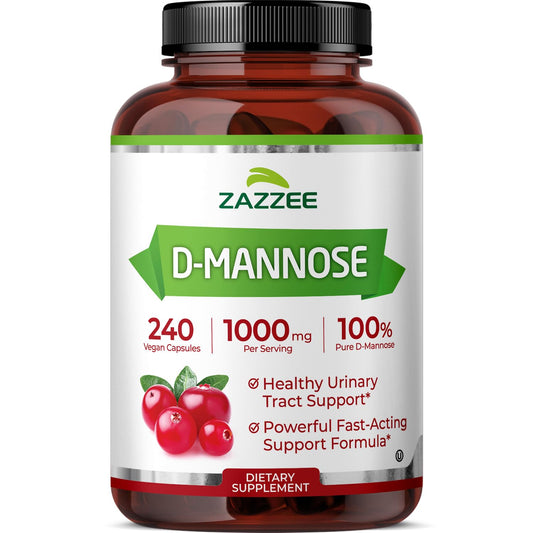 Zazzee D-Mannose, 1000 mg per Serving, 180 Vegan Capsules, 3 Month Supply, Potent & Fast-Acting, Certified Kosher, 100% Pure, All-Natural Urinary Tract Health Support, 100% Vegetarian, Non-GMO