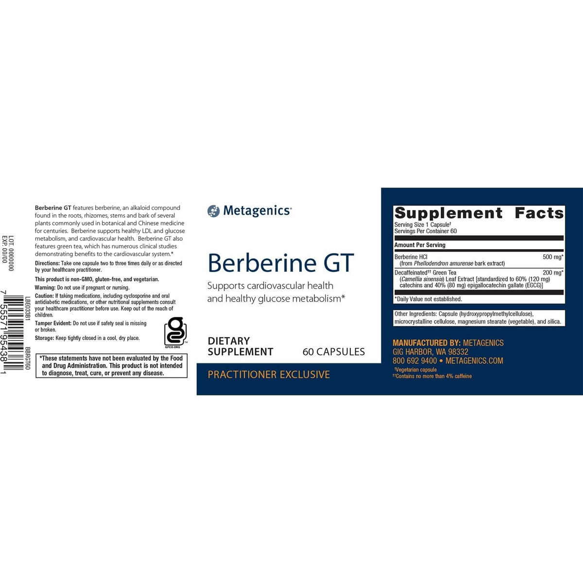 Metagenics Berberine GT - 500 mg Berberine HCl - Supports Heart Health & Carbohydrate