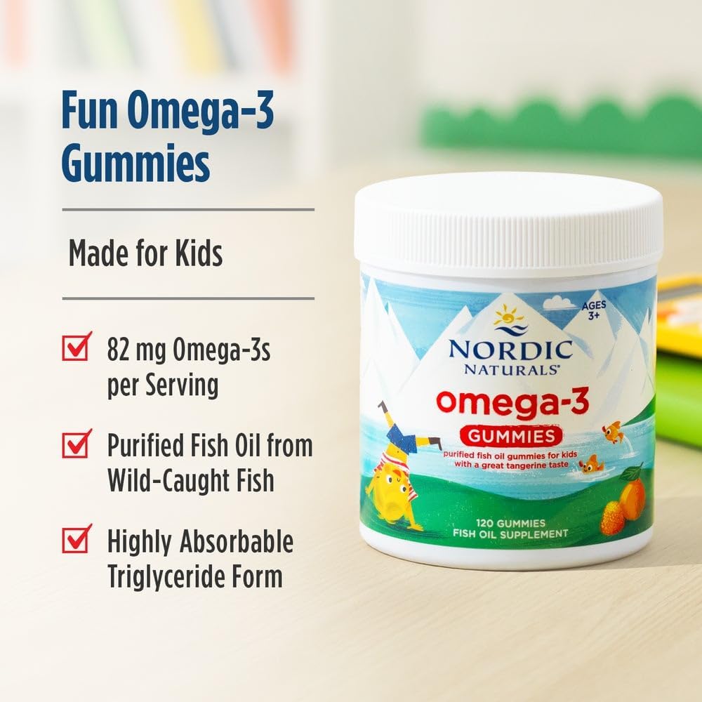 Nordic Naturals Omega-3 Gummies for Kids & Adults, Tangerine - 120 Count | 82 mg total omega-3s w/ EPA & DHA per serving supports heart, brain, & eye health. Tangerine flavor gummies, non-GMO formula