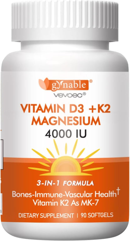 Vitamin D3 K2 4000IU with Magnesium Complex 200mg,High Absorption Supporting Bones, Immune Support, Energy and Emotion, Gluten-Free, Sugar-Free Softgels for Women & Men,90 Softgels-Pack