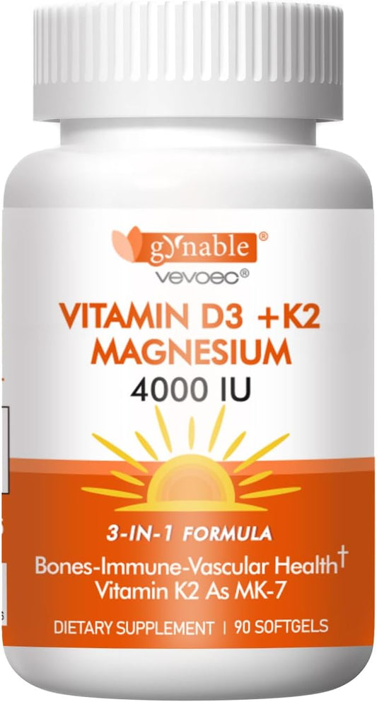 Vitamin D3 K2 4000IU with Magnesium Complex 200mg,High Absorption Supporting Bones, Immune Support, Energy and Emotion, Gluten-Free, Sugar-Free Softgels for Women & Men,90 Softgels-Pack