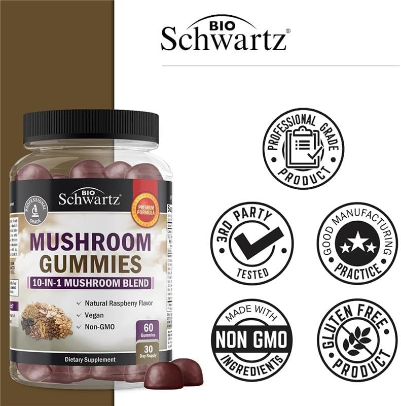 Mushroom Gummies for Adults - 10-in-1 Functional Mushroom Supplement for Mood and Focus with Lions Mane Turkey Tail Cordyceps Shiitake Reishi - Vegan, Non-GMO, Fresh Raspberry Flavor, 60 Count