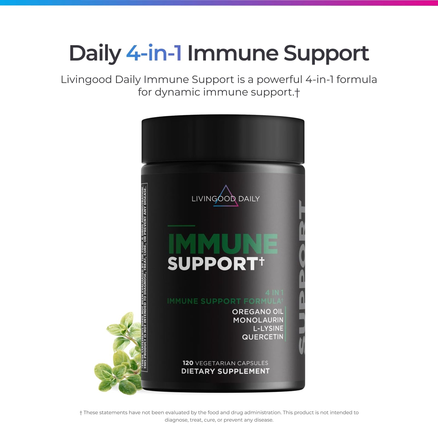 Livingood Daily Immune Support Supplement, 4-in-1 Formula with Oregano Oil, Monolaurin, L Lysine & Quercetin, Gut & Digestive Health, Gluten Free, Vegan, Non GMO, Allergen Free, 120 Capsules