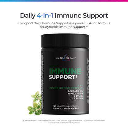 Livingood Daily Immune Support Supplement, 4-in-1 Formula with Oregano Oil, Monolaurin, L Lysine & Quercetin, Gut & Digestive Health, Gluten Free, Vegan, Non GMO, Allergen Free, 120 Capsules