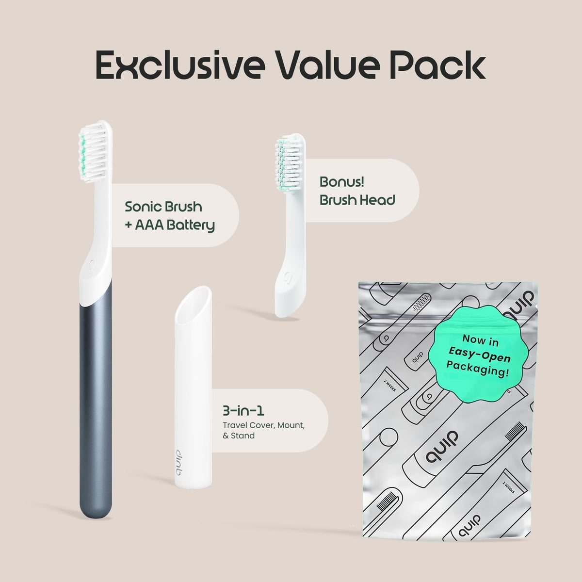 Quip Sonic Electric Toothbrush, Extra Brush Head, Metal Handle, Slate