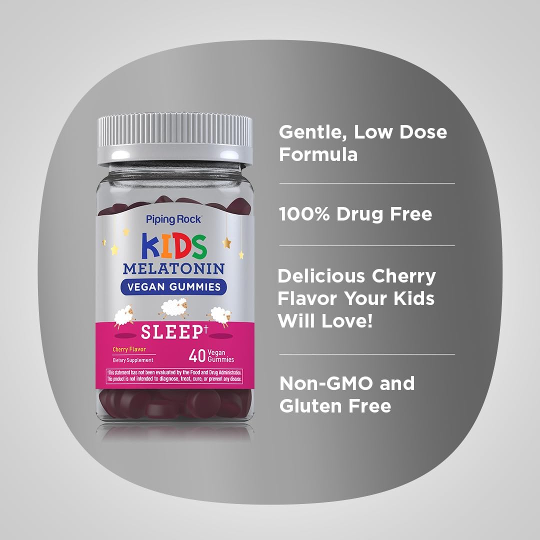Piping Rock Kids Melatonin Gummy 1mg | 40 Gummies | Cherry Flavor | Vegan, Non-GMO, Gluten Free Supplement