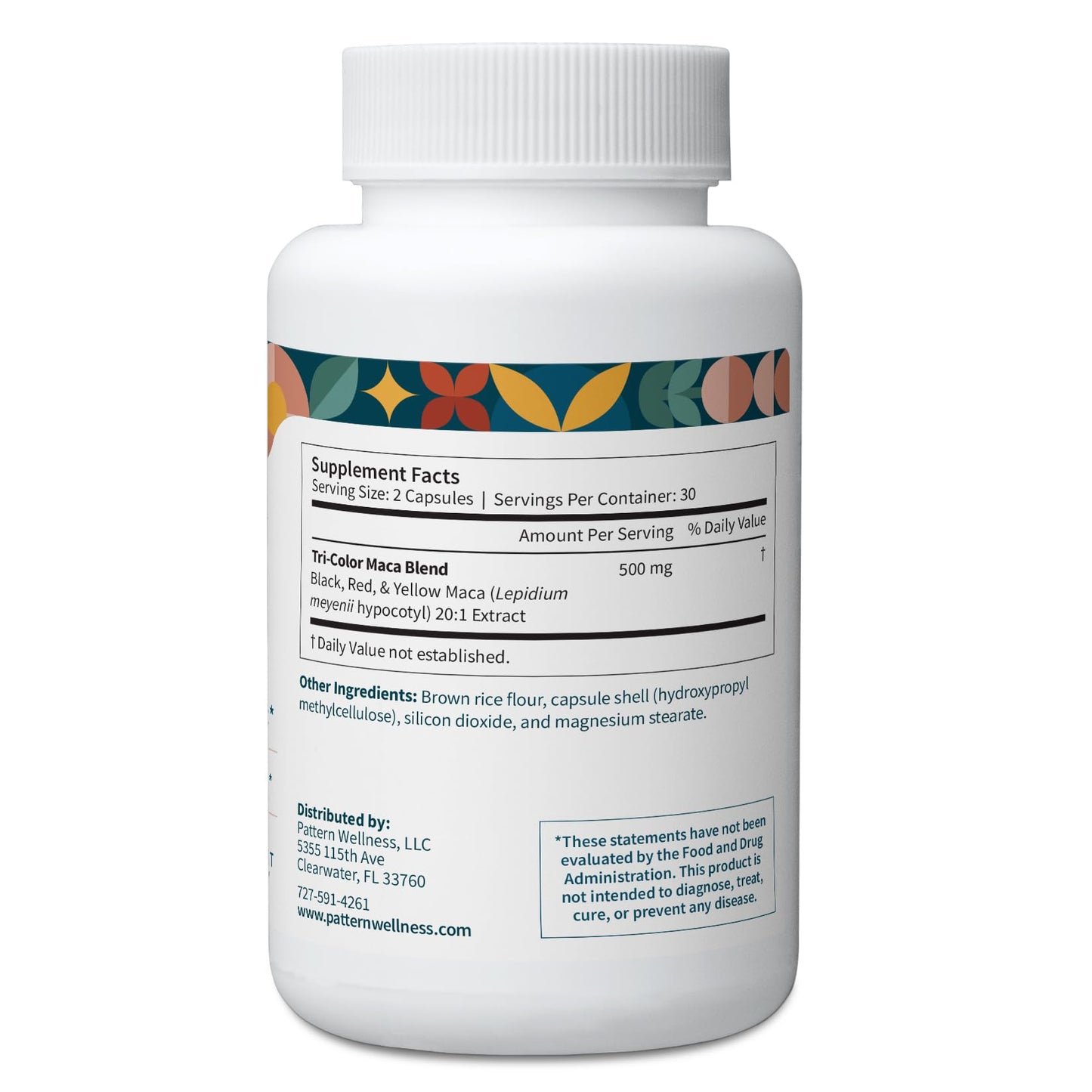 Pattern Wellness Maca Root Extract 20:1-500mg Per Serving – for Men & Women – Tri-Color Black/Red/Yellow Blend – 60 Vegan, Non-GMO Capsules