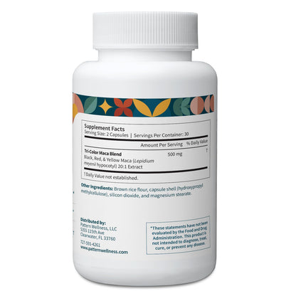 Pattern Wellness Maca Root Extract 20:1-500mg Per Serving – for Men & Women – Tri-Color Black/Red/Yellow Blend – 60 Vegan, Non-GMO Capsules