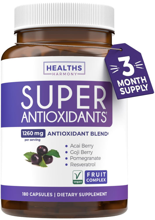 Super Antioxidants Supplement for Women & Men - High Potency Herbal & Fruit Blend with Acai, Goji, Pomegranate, Elderberry & Resveratrol for Skin Care & Immune Support - Vegan & Non-GMO - 60 Capsules