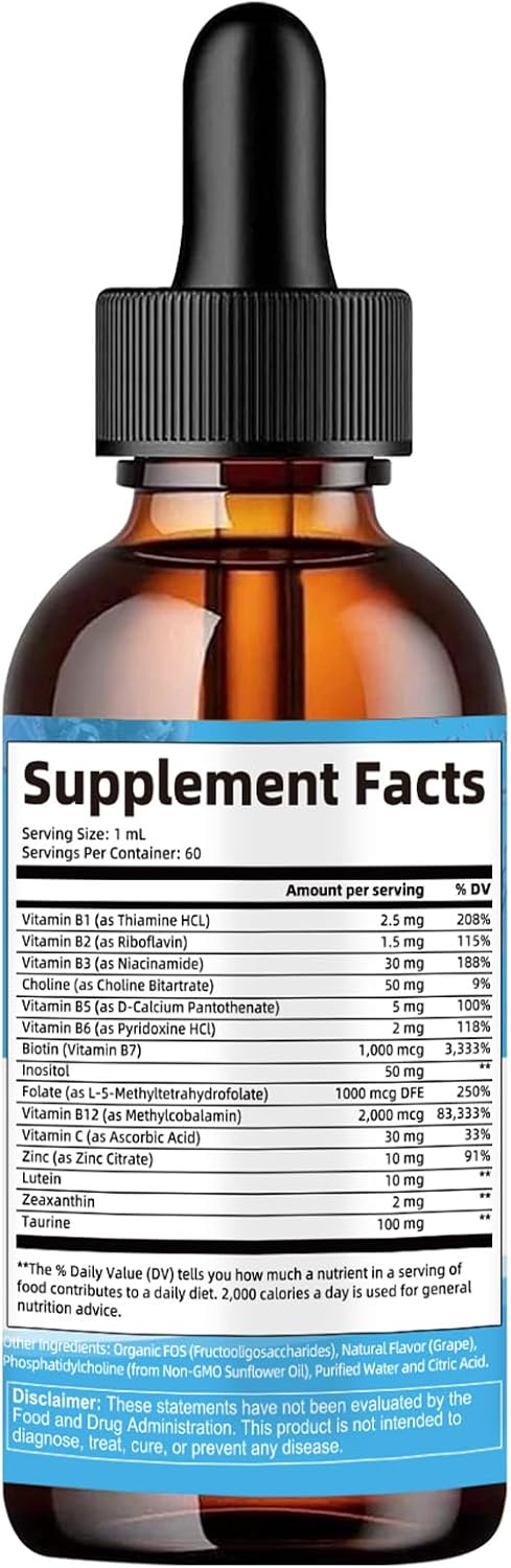 15-in-1 Liposomal Vitamin B Complex Pro Sugar-free B Complex Drops with B1, B2, B3 Niacinamide, Choline, B5, B6, B7 Biotin, Inositol, Folate, B12, Zinc, Lutein, Zeaxanthin, Taurine & Vit. C, 2 fl oz