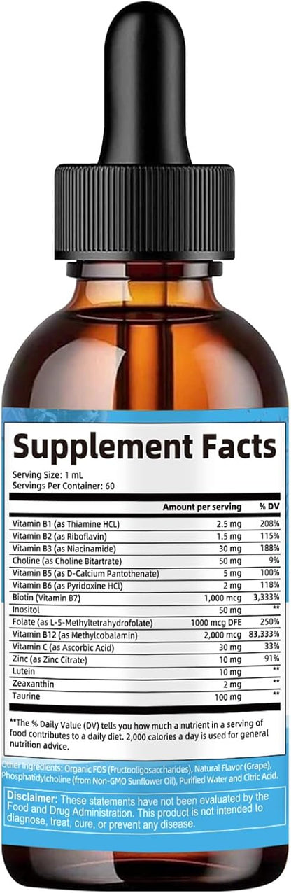 15-in-1 Liposomal Vitamin B Complex Pro Sugar-free B Complex Drops with B1, B2, B3 Niacinamide, Choline, B5, B6, B7 Biotin, Inositol, Folate, B12, Zinc, Lutein, Zeaxanthin, Taurine & Vit. C, 2 fl oz