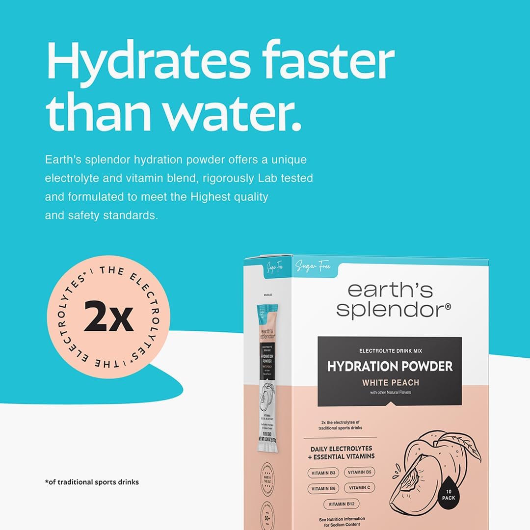 Earth's Splendor Electrolytes Powder Packets Sugar Free White Peach Hydration Sticks with Essential Vitamins for Energy & Sports Performance Travel-Friendly Single-Serve Packets for Daily Use 10 Pack