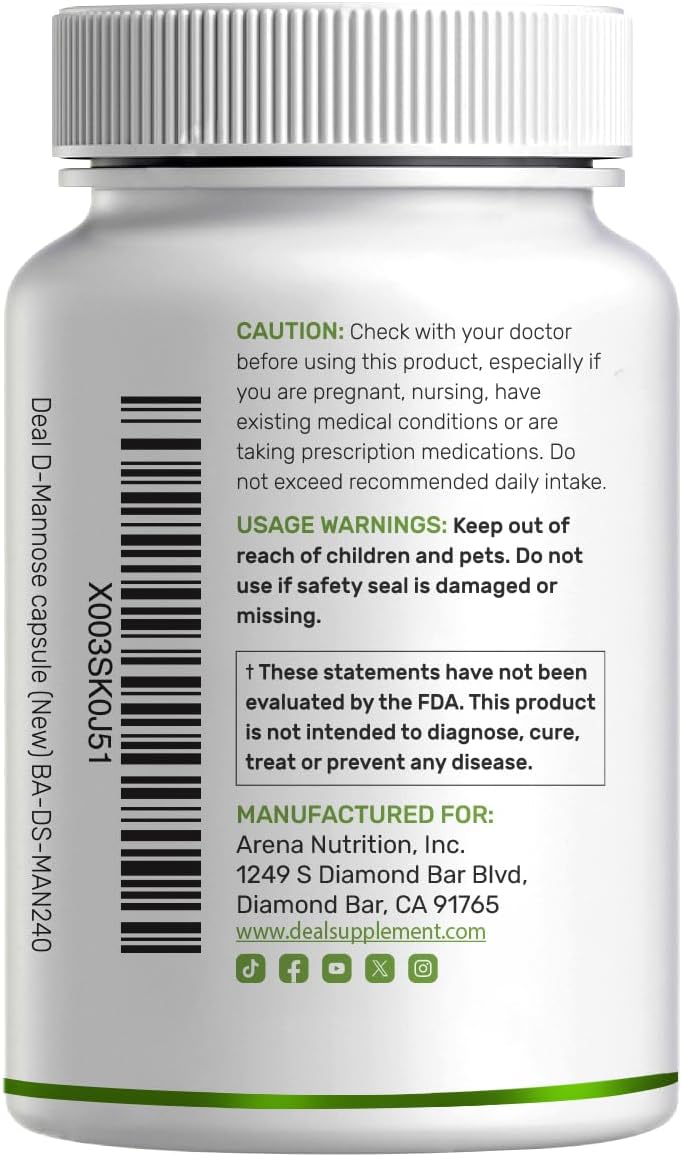 DEAL SUPPLEMENT D Mannose 500mg Capsules (2,000mg Per Serving), 240 Veggie Pills – Fast Acting Water-Soluble Form – Extra Strength Urinary Tract (UTI) Health Support – Non-GMO, Vegan Friendly