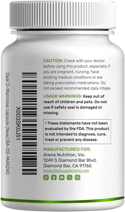 DEAL SUPPLEMENT D Mannose 500mg Capsules (2,000mg Per Serving), 240 Veggie Pills – Fast Acting Water-Soluble Form – Extra Strength Urinary Tract (UTI) Health Support – Non-GMO, Vegan Friendly