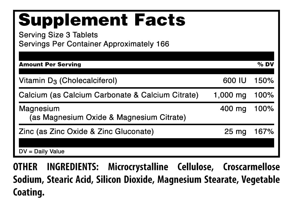 Amazing Formulas Calcium Magnesium Zinc D3-300 Tablets Per Bottle Supplement (Calcium 1000mg - Magnesium 400mg - Zinc 25mg Plus Vitamin D3 600 IU - Per Serving of 3 Tablets)