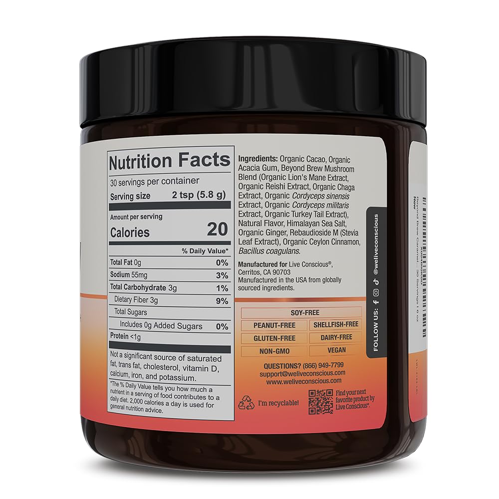 Live Conscious Beyond Brew - Coffee Alternative - Low Caffeine - Mushroom Complex w/Lion’s Mane, Reishi, Cordyceps & Chaga for Sustained Focus, Energy & Immunity - w/Prebiotics & Probiotics - 30