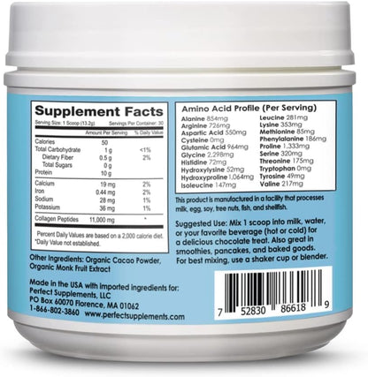 Perfect Supplements - Perfect Hydrolyzed Collagen Chocolate – 396 Grams – Bovine Hydrolyzed Collagen Peptides – Pesticide & Hormone Free – Brazilian Pasture Raised