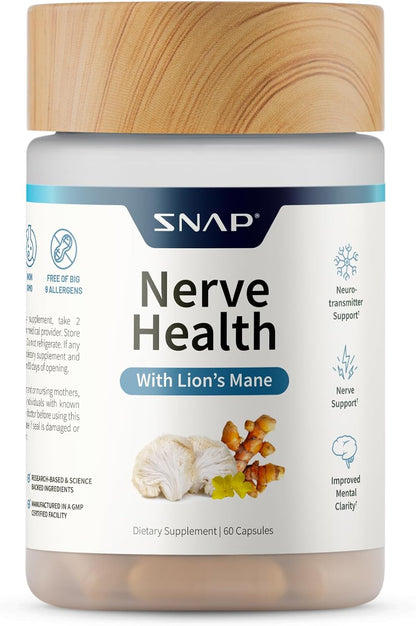 Snap Supplements Nerve Health Support with Lion's Mane, 60 Vegan Capsules | Organic Turmeric Neuropathy Supplement, Supports Mental Clarity, Focus & Healthy Nerve Function, Gluten-Free, Non-GMO