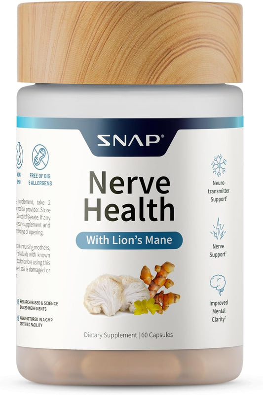 Snap Supplements Nerve Health Support with Lion's Mane, 60 Vegan Capsules | Organic Turmeric Neuropathy Supplement, Supports Mental Clarity, Focus & Healthy Nerve Function, Gluten-Free, Non-GMO