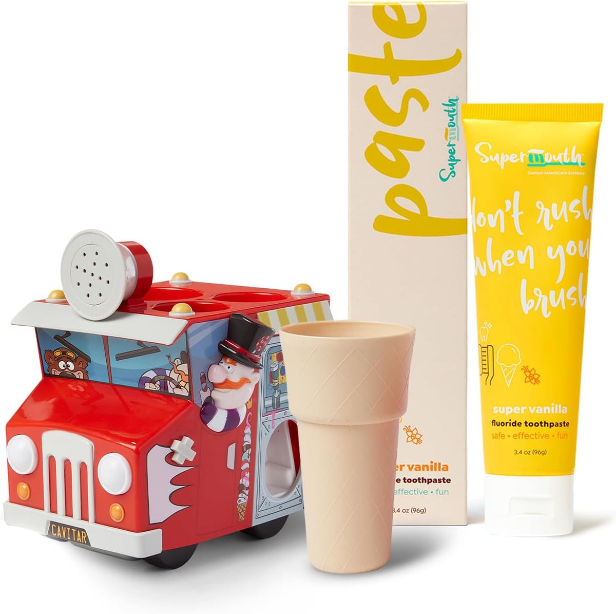 SuperMouth Kids Oral Care Bundle – Ice Cream Truck Organizer with Toothpaste Dispenser, Music & Lights + Fluoride Toothpaste with Nano Hydroxyapatite, Safe & Fun for Kids, Vanilla