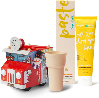 SuperMouth Kids Oral Care Bundle – Ice Cream Truck Organizer with Toothpaste Dispenser, Music & Lights + Fluoride Toothpaste with Nano Hydroxyapatite, Safe & Fun for Kids, Vanilla