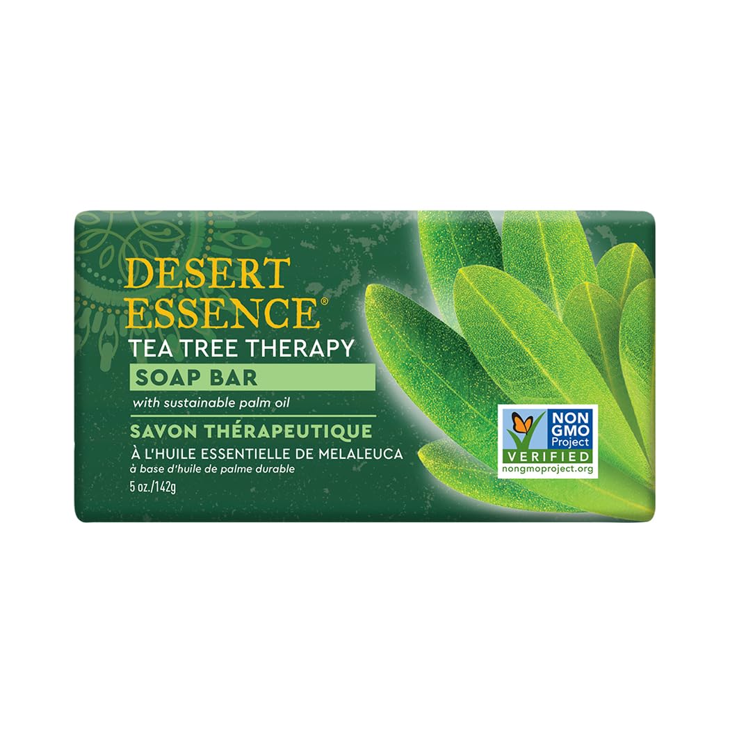 Desert Essence Tea Tree Therapy Cleansing Bar Soap - 5 Ounce - Therapeutic Skincare - All Skin Types - Jojoba Oil - Aloe Vera - Palm Oil - Moisturizes Face and Body