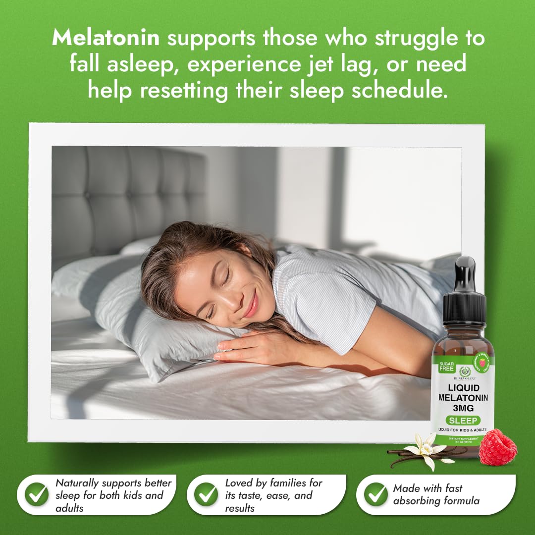 Benevolent Liquid Melatonin Drops for Adults and Kids 3mg - Fast-Acting Sleep Drops to Fall Asleep Faster & Longer - Non-GMO & Made in USA - Berry Vanilla Flavor, 2 Month Supply