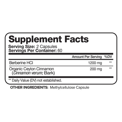 Nutrivein Premium Berberine HCL 1200mg Plus Organic Ceylon Cinnamon - 120 Capsules