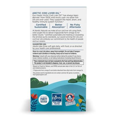 Nordic Naturals Arctic Cod Liver Oil, Lemon - 180 Soft Gels - 750 mg Total Omega-3s with EPA & DHA - Heart & Brain Health, Healthy Immunity, Overall Wellness - Non-GMO - 60 Servings | 750mg Total Omega-3s per serving. Heart & brain health, immunity suppor
