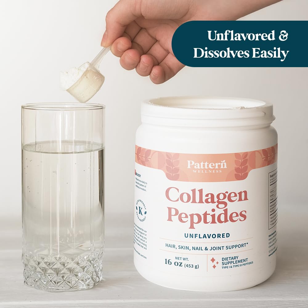 Pattern Wellness Collagen Peptides Powder (Type I & III) - Hair, Nails, Skin & Joint Support - Grass Fed & Pasture-Raised - Hydrolyzed, Non-GMO, Dairy Free, & Keto-Friendly - Unflavored (16 Oz)
