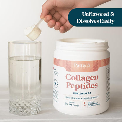 Pattern Wellness Collagen Peptides Powder (Type I & III) - Hair, Nails, Skin & Joint Support - Grass Fed & Pasture-Raised - Hydrolyzed, Non-GMO, Dairy Free, & Keto-Friendly - Unflavored (16 Oz)