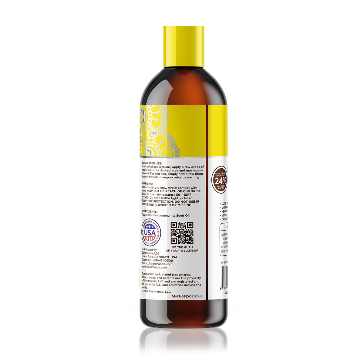 GuruNanda Castor Oil USDA Certified Organic, Pure & Natural, 8 fl oz