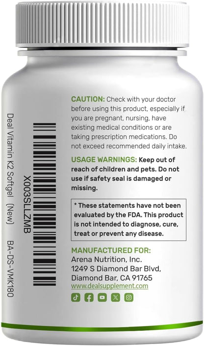 DEAL SUPPLEMENT Vitamin K2 MK-7 200mcg Per Serving, 240 Coconut Oil Softgels | Easily Absorbed Menaquinone-7 Form | Bone, Joint, & Immune Support – Non-GMO