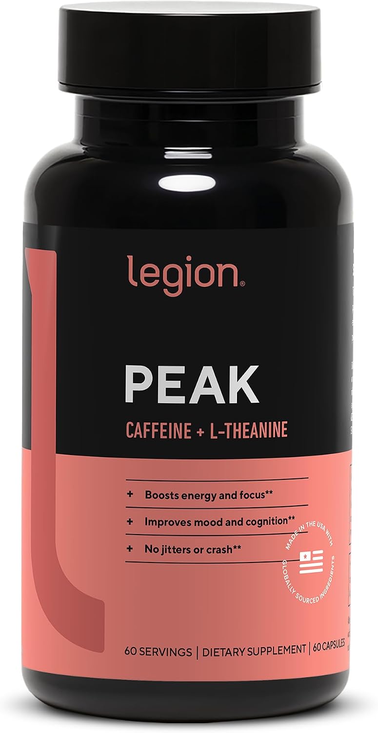 LEGION Peak Caffeine and L Theanine Pills - 200 mg Natural and Organic L Theanine Caffeine Supplement for Smooth Energy, Focus and Cognitive Performance - Vegan, Non GMO - 60 Servings