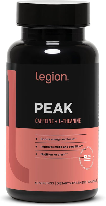 LEGION Peak Caffeine and L Theanine Pills - 200 mg Natural and Organic L Theanine Caffeine Supplement for Smooth Energy, Focus and Cognitive Performance - Vegan, Non GMO - 60 Servings