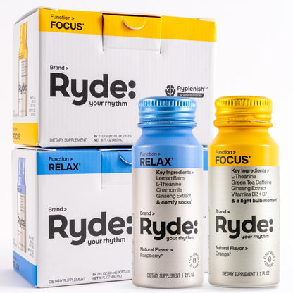 RYDE Bundle, Relax + Focus Shots, L-Theanine, Ginseng, Chamomile and Caffeine, Zero Calories, Zero Sugar, Pack of 16