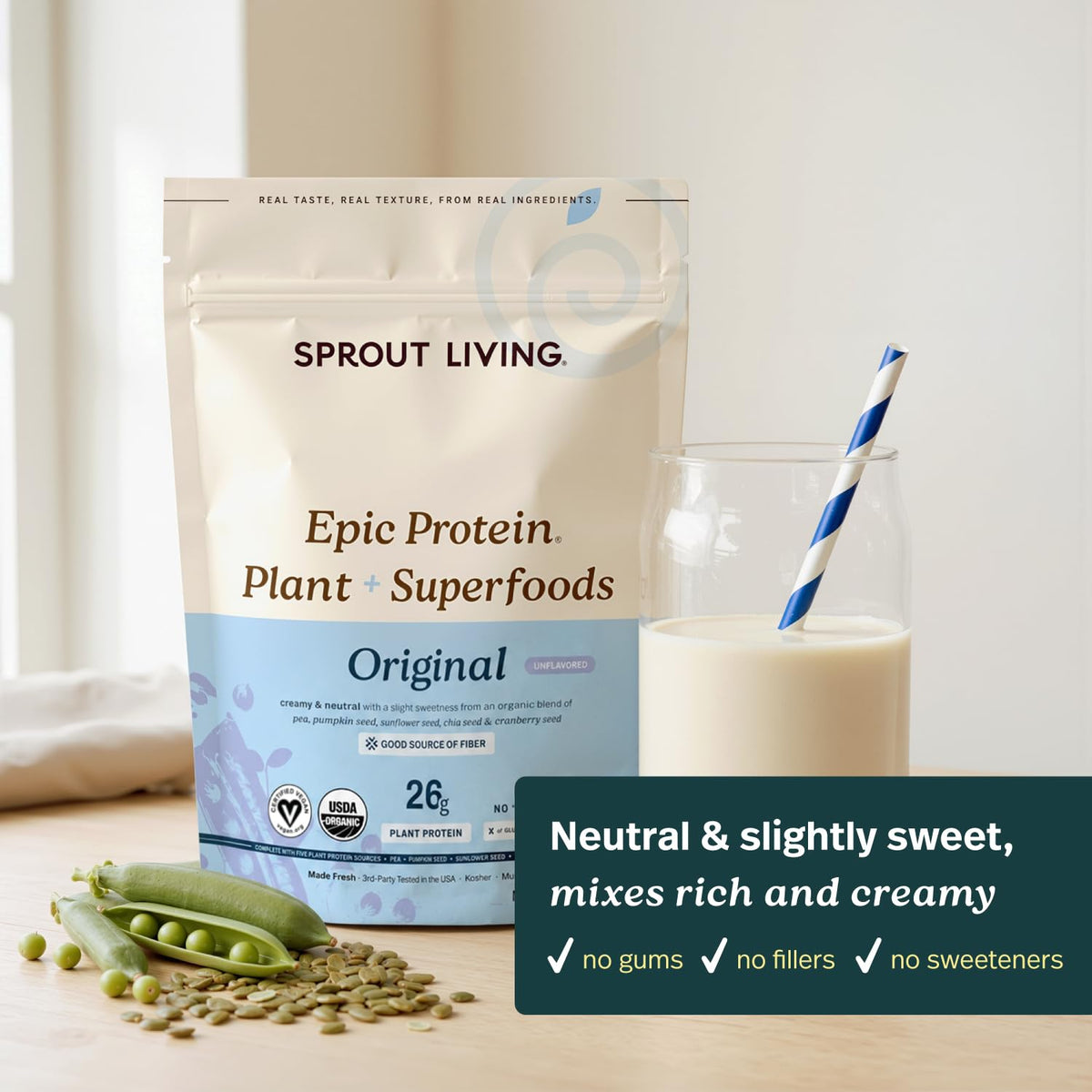 Sprout Living Epic Protein, Plant Based Protein & Superfoods Powder, Vanilla Lucuma Powder | 20 Grams Organic Protein Powder, Vegan, Non Dairy, Non-GMO, Gluten Free, Low Sugar (1 Pound, 12 Servings)