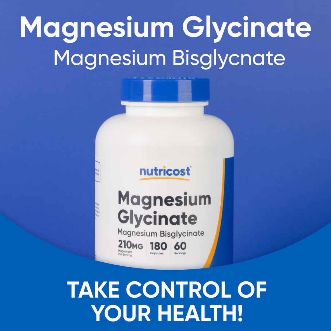Nutricost Magnesium Glycinate Capsules, 180 Capsules, 210mg | Gentle Absorption, Magnesium Glycinate Supplement