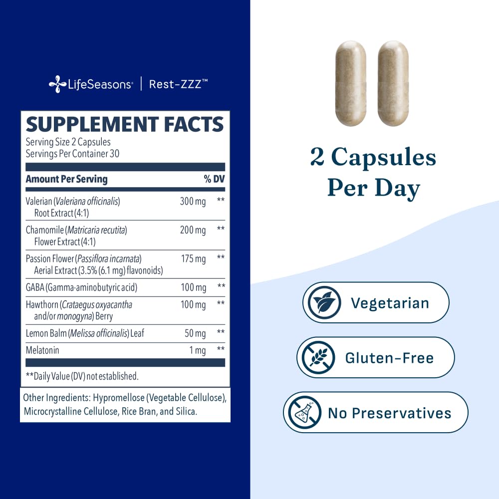 LifeSeasons Rest-ZZZ - Natural Sleep Support Supplement - Fall Asleep & Stay Asleep - Calms Nervous System - Ease Muscle Tension & Restlessness - Low Dose Melatonin GABA & Chamomile - 60 Capsules